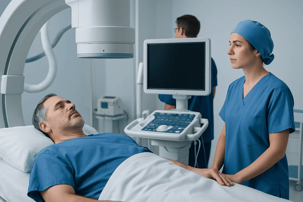 Medical professional monitoring patient during a diagnostic procedure in hospital.