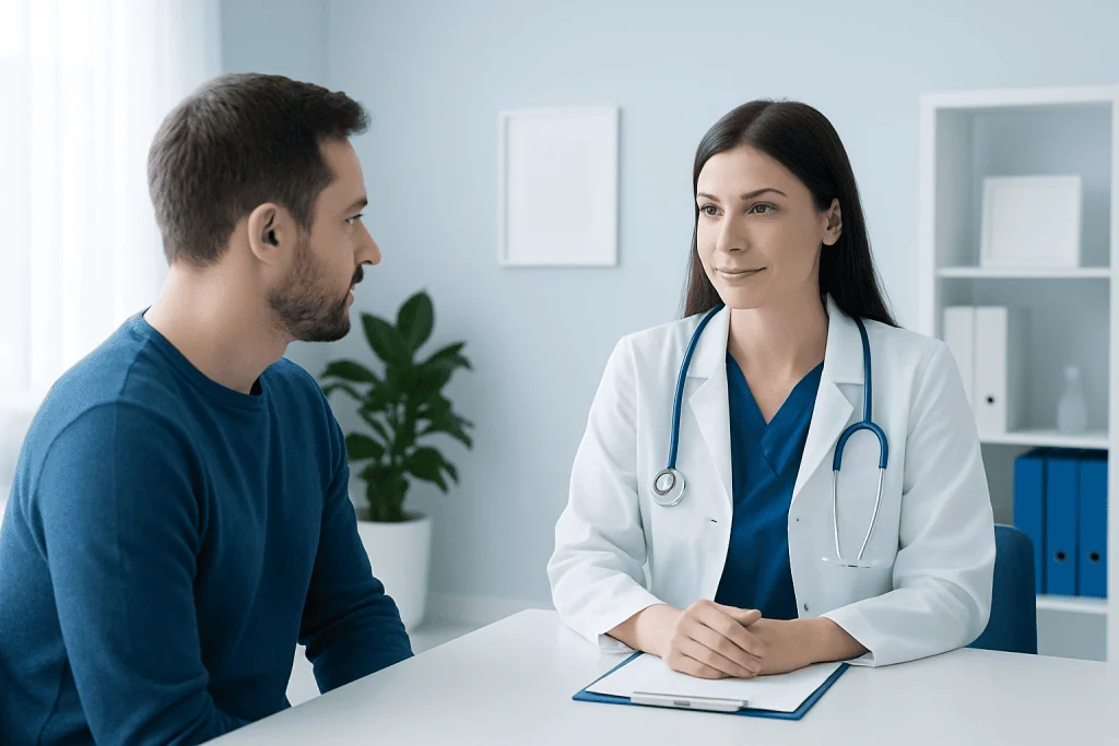 Doctor consulting with a patient in a modern medical office.