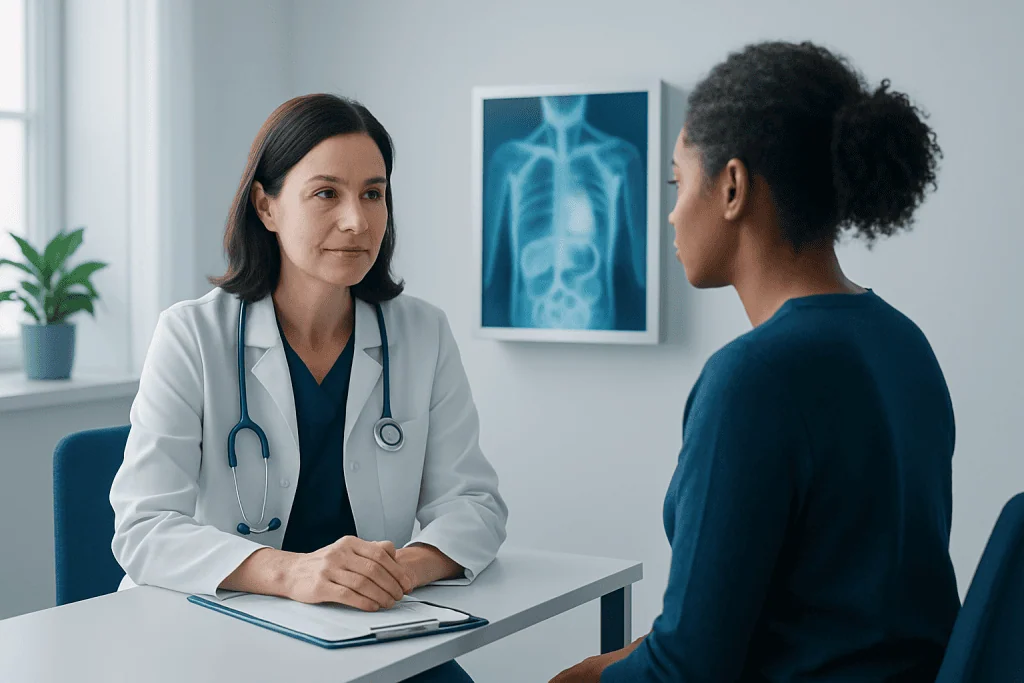 Doctor consulting with patient in a medical office with X-ray images on the wall.