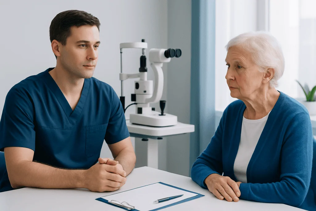 Optometrist consulting with elderly patient about eye health.