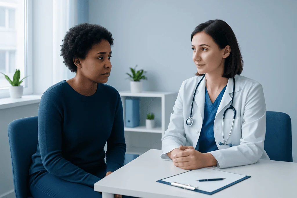 Doctor consulting with a patient about bone marrow biopsy procedures.