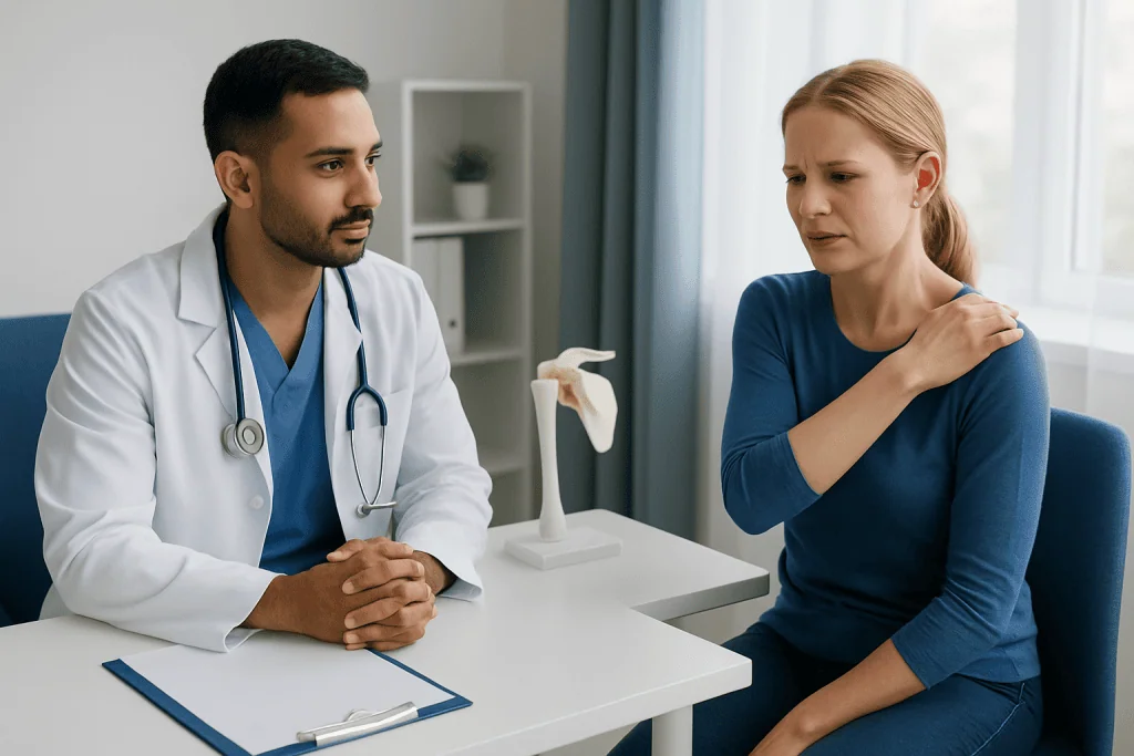 Doctor consulting a patient with shoulder pain in a medical office.