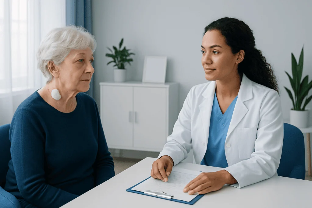 Doctor consulting with elderly patient in a medical office.