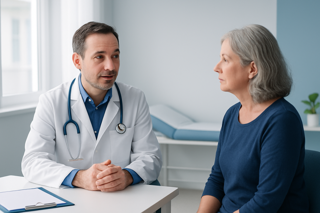 Doctor consulting with an elderly female patient in a medical office.