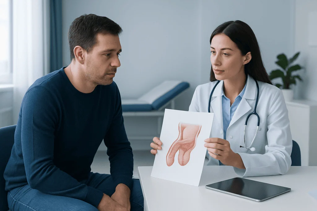 Urologist explaining penile anatomy to patient in consultation room.
