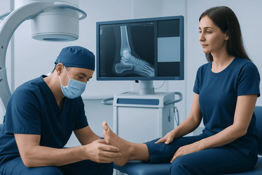 Doctor examining patient's foot with X-ray image in background.