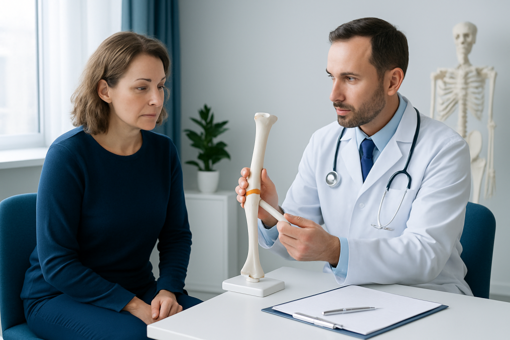 Orthopedic doctor explaining femur fracture treatment to patient in clinic.