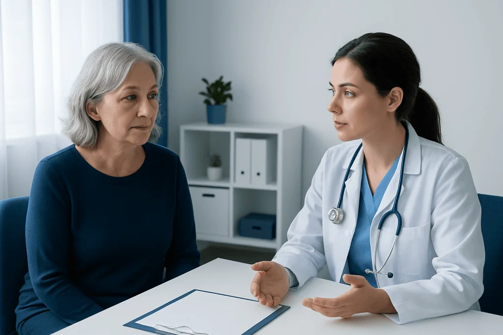 Doctor consulting with an elderly woman in a medical office.