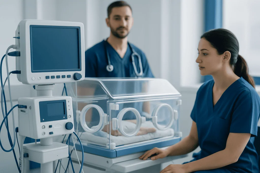 Neonatal intensive care unit with incubator and medical monitors.