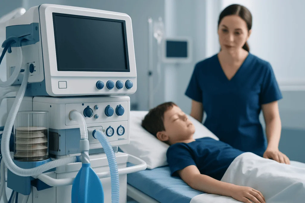 Hospital room with patient and medical equipment for surgery or treatment.