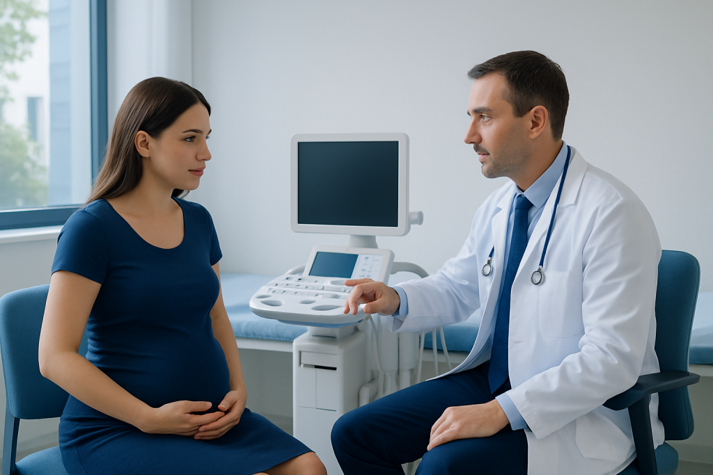 Doctor consulting pregnant woman in a medical office with ultrasound equipment.