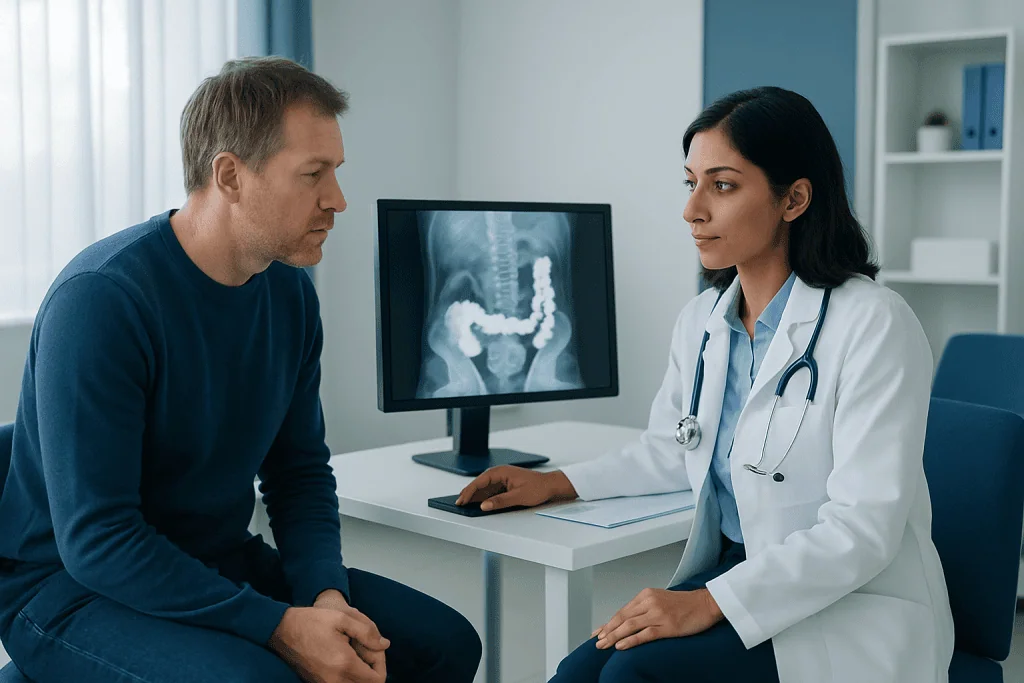 Doctor explaining colon X-ray results to patient in clinic.