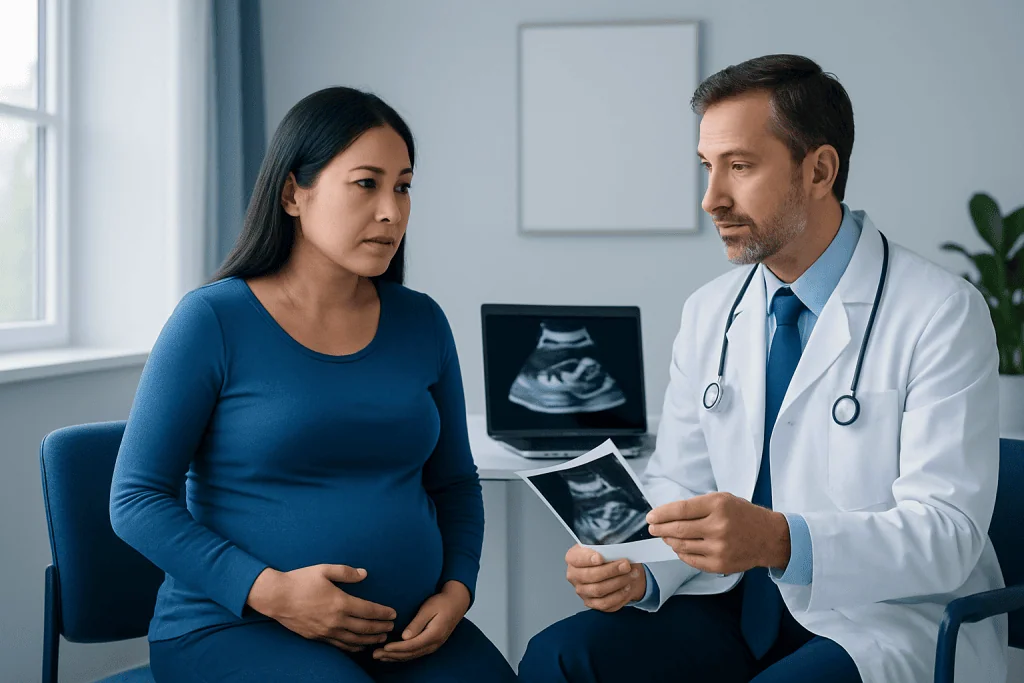 Doctor explaining ultrasound results to pregnant woman in clinic.