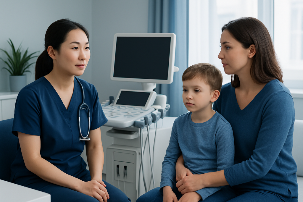 Pediatric consultation with a doctor and mother in a hospital setting.