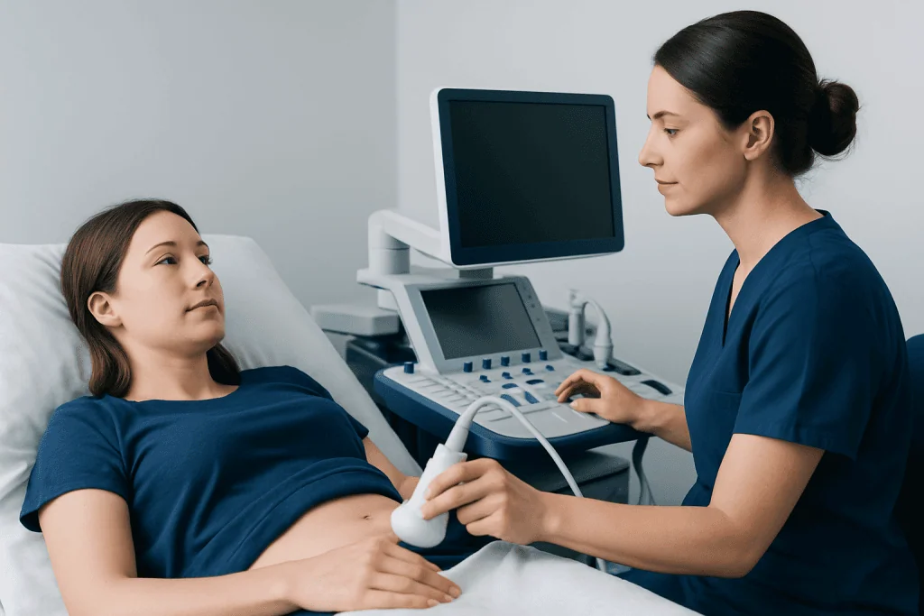 Pediatric ultrasound examination for urachal remnant diagnosis.