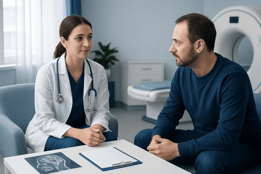 Doctor consulting with patient in a medical examination room at Acibadem Hospitals.