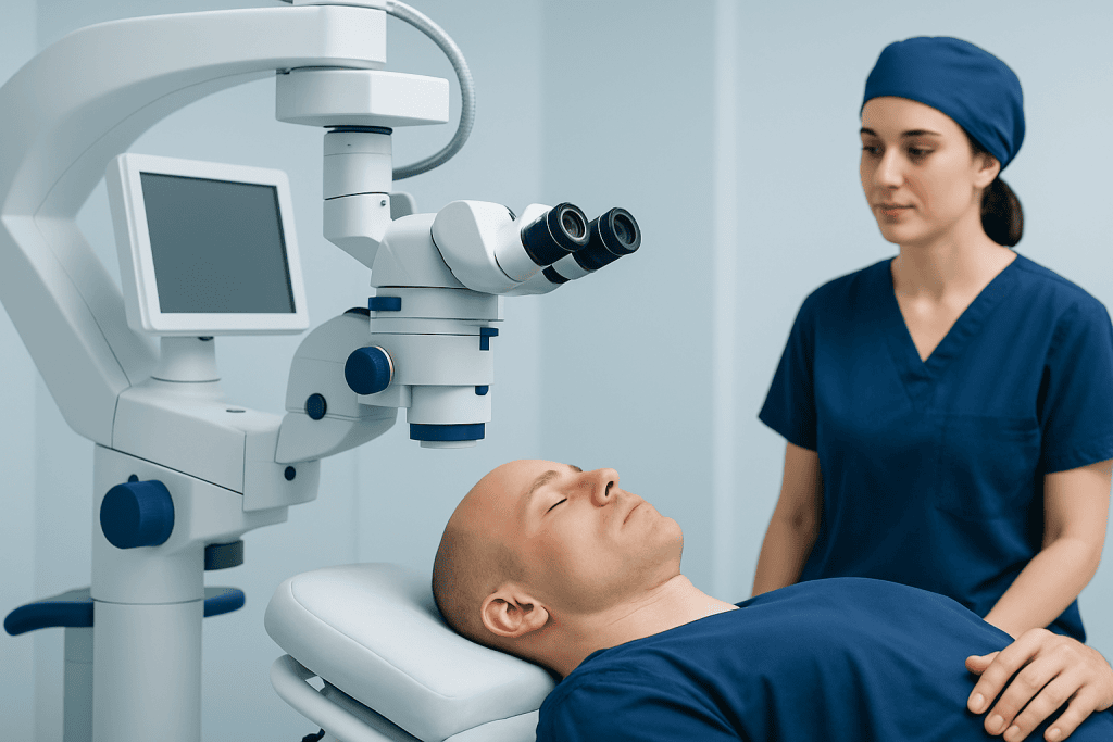 Surgeon preparing for eye surgery with advanced microscope equipment.