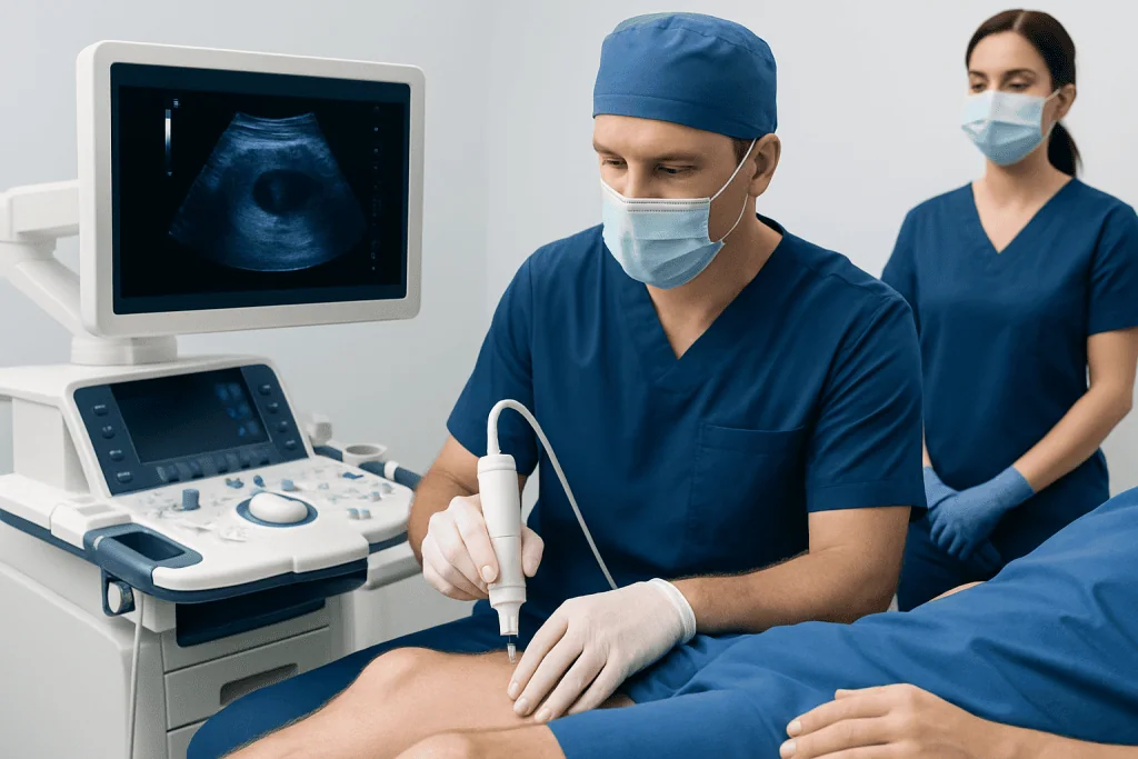 Urologist performing transperineal prostate biopsy with ultrasound guidance.