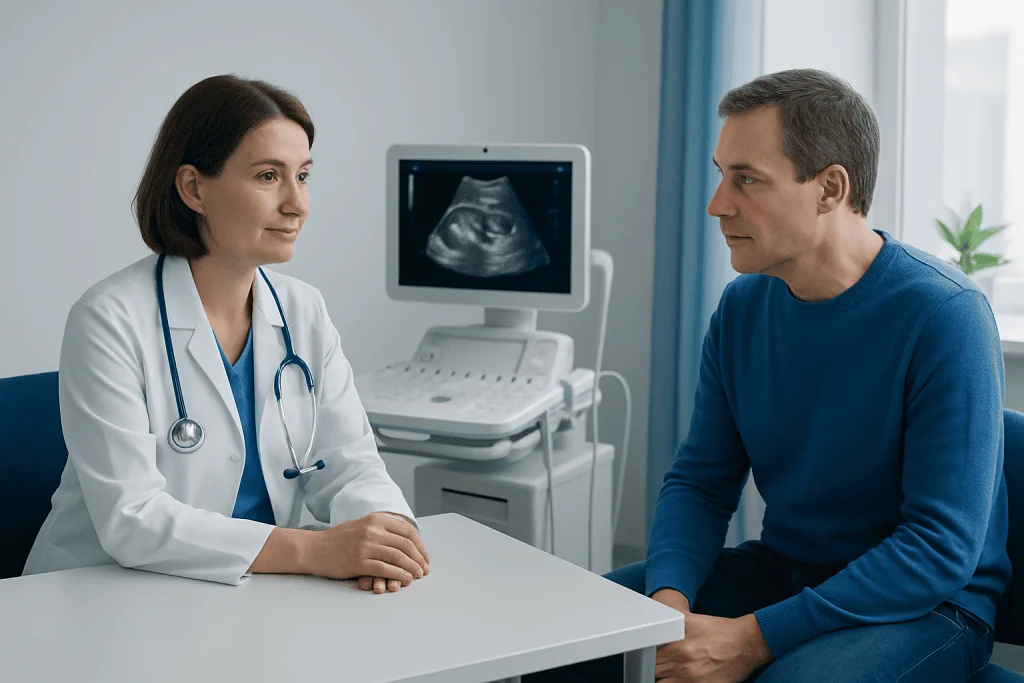 Doctor discussing ultrasound results with patient in clinic.