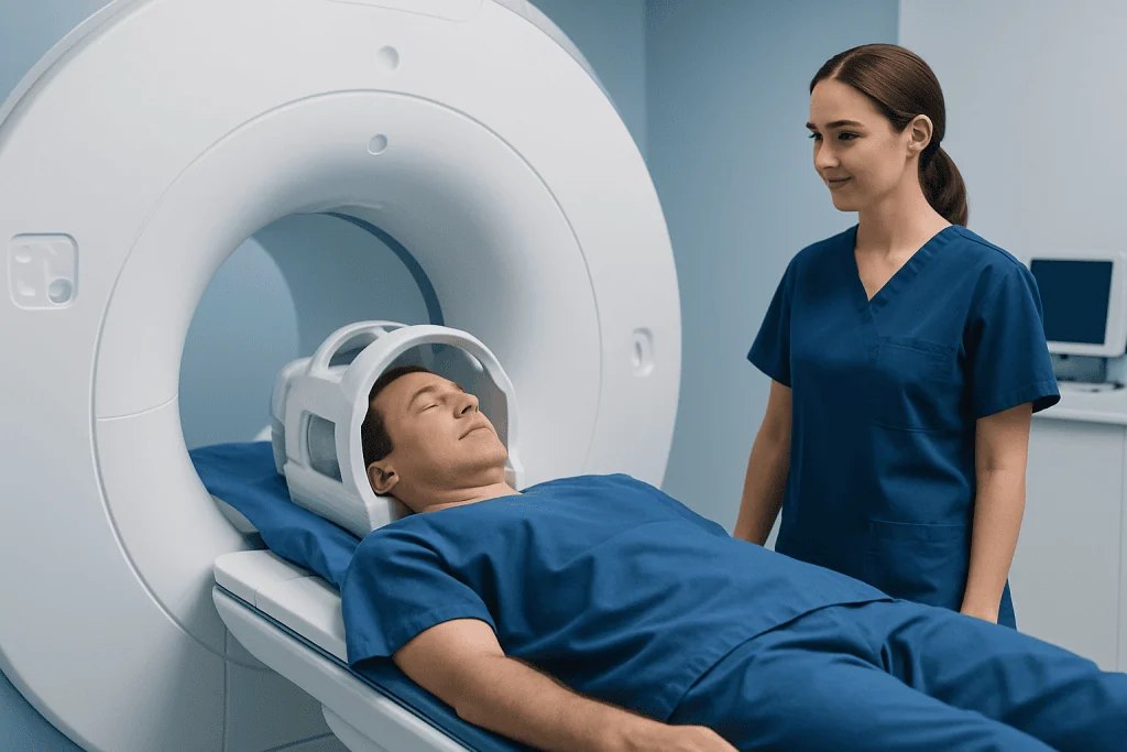 Patient undergoing MRI scan at Acibadem Hospital with medical staff present.