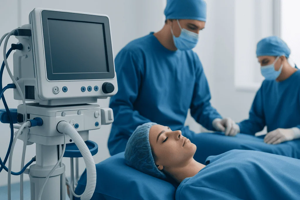 Surgeons perform a procedure in an operating room with advanced medical equipment.