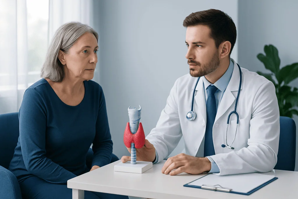 Doctor explaining thyroid model to an elderly woman in a consultation room.