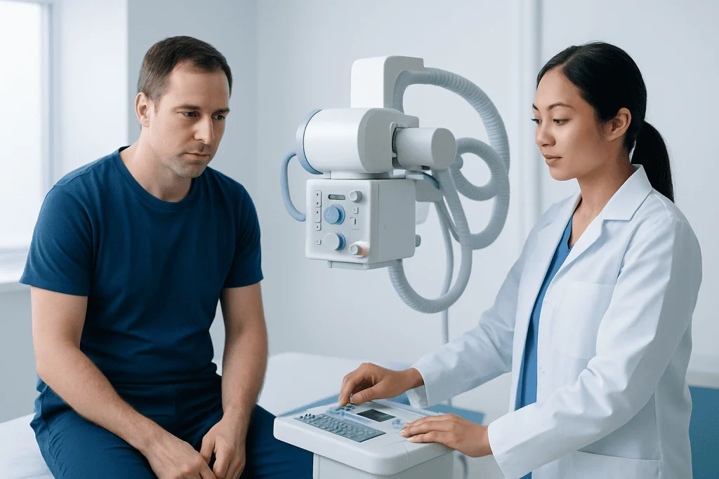 Doctor explains test results to male patient in medical clinic.