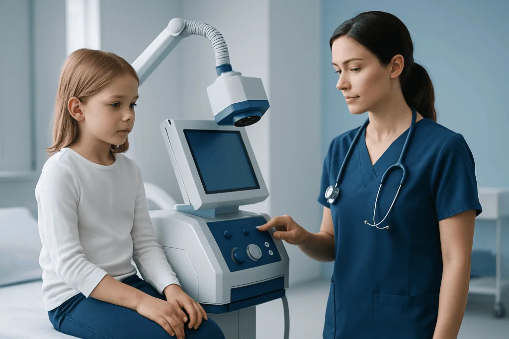 Pediatric doctor preparing ultrasound exam for young girl patient in clinic.