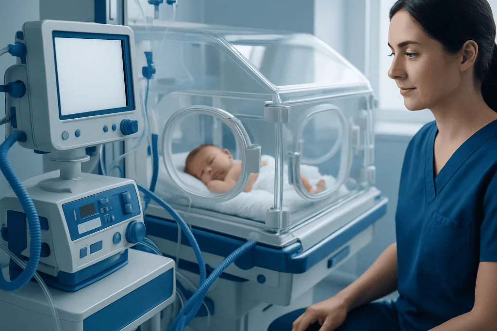 Neonatal intensive care unit with a nurse and a newborn in incubator.