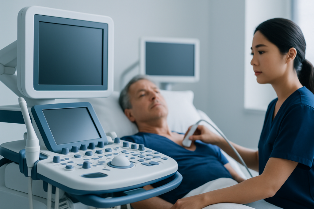 Medical professional performing an ultrasound on a patient in a hospital room.