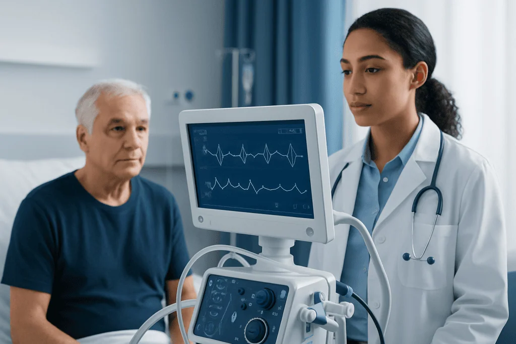 Doctor monitoring heart health with ECG machine in hospital setting.