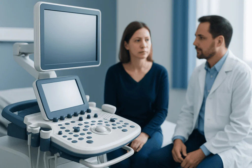 Doctor and patient in a medical consultation room with ultrasound equipment.