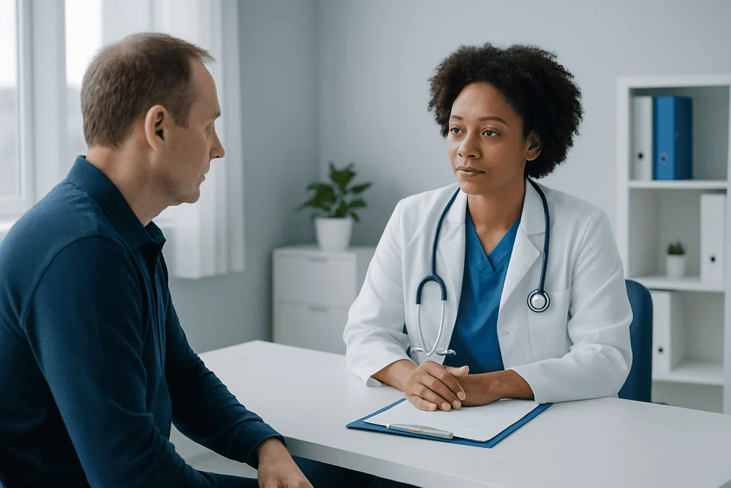 Doctor consulting with patient in a modern medical office.