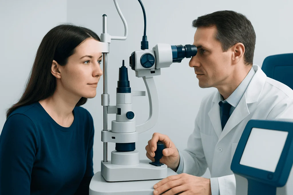 Ophthalmologist examining patient's eye with slit lamp at Acibadem Hospital.