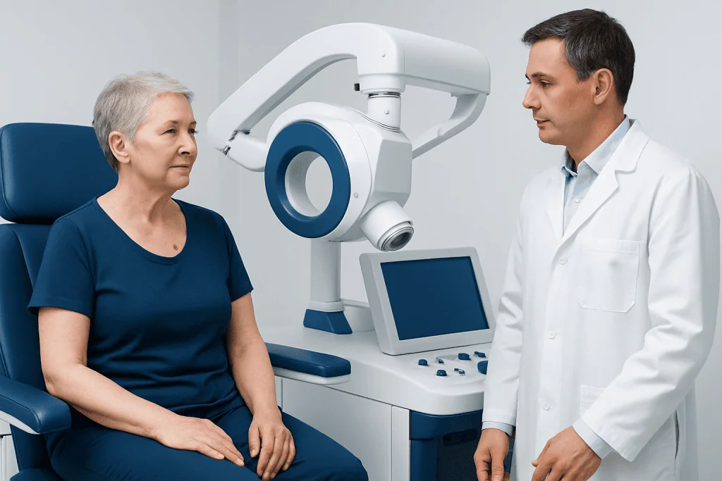 Doctor explains skin treatment options to an elderly woman at Acibadem Hospital.