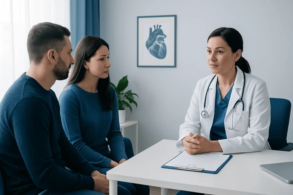 Doctor consulting with a couple in a medical office with heart diagram.