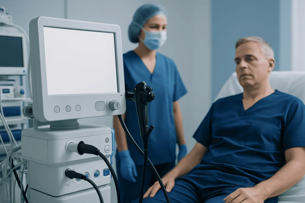 Medical professional and patient in a hospital room with ultrasound equipment.