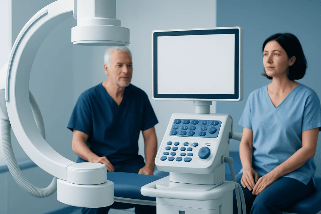 Medical professionals preparing for an ultrasound examination at Acibadem Hospitals.