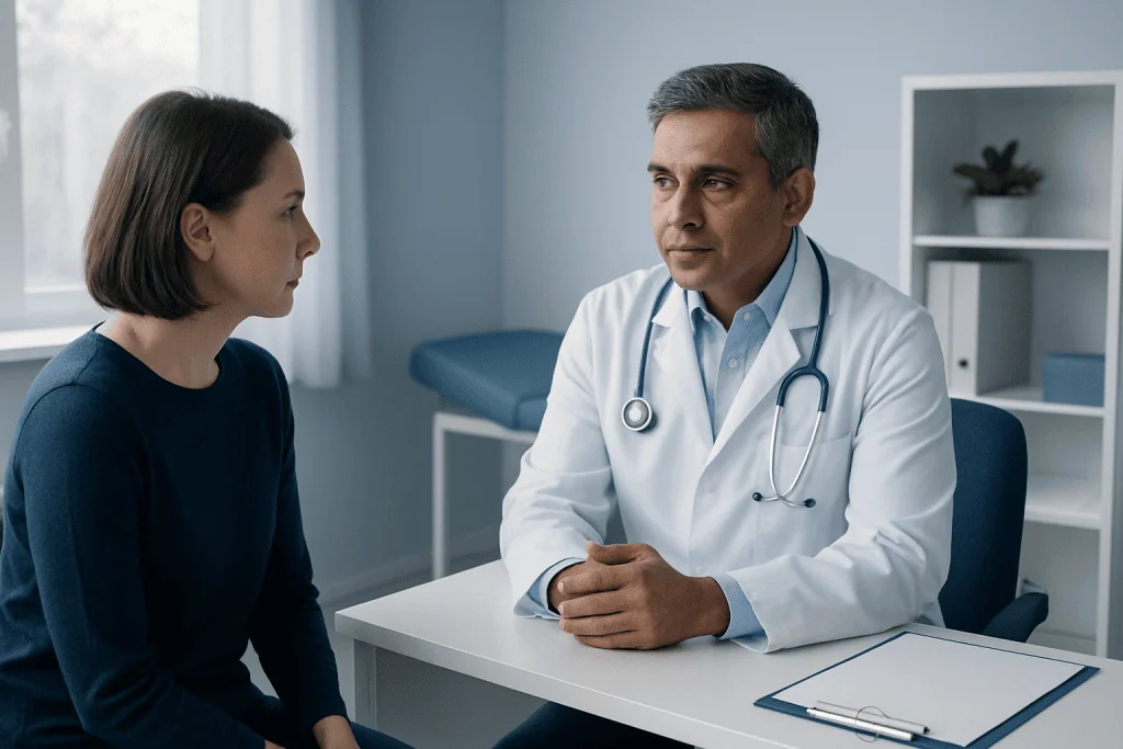 Doctor consulting with a patient in a modern medical office.