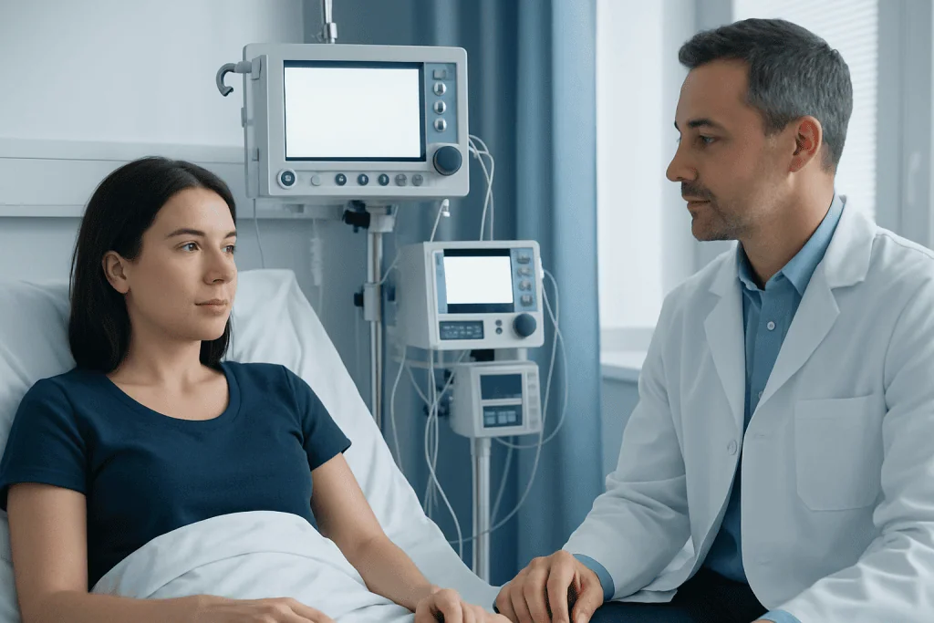 Doctor consulting a patient in a hospital room with medical monitors.