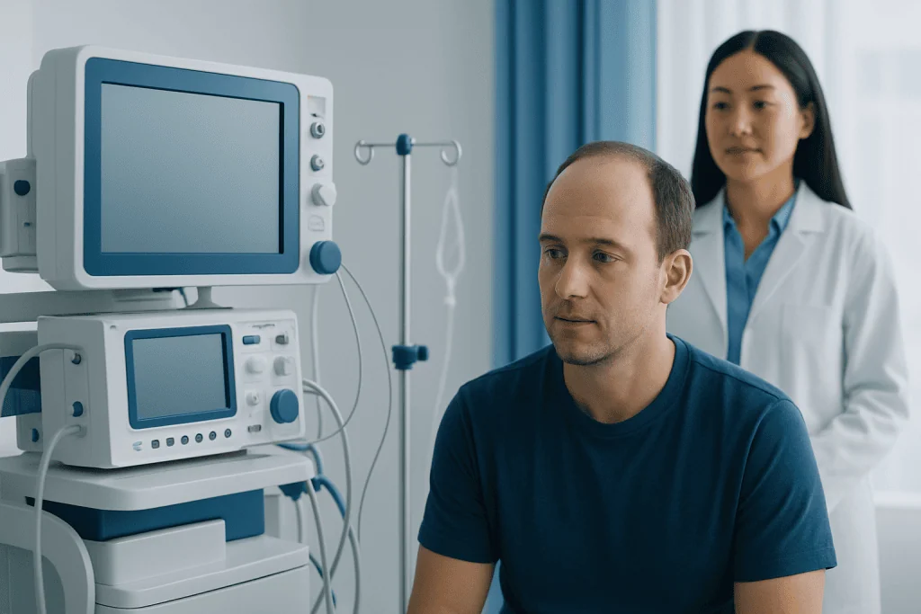Patient in hospital room with medical monitors and healthcare professional.