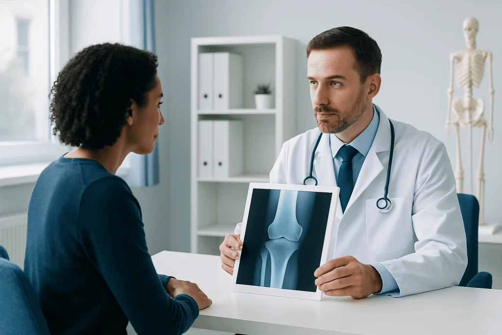 Doctor explaining knee X-ray to patient in a medical consultation.