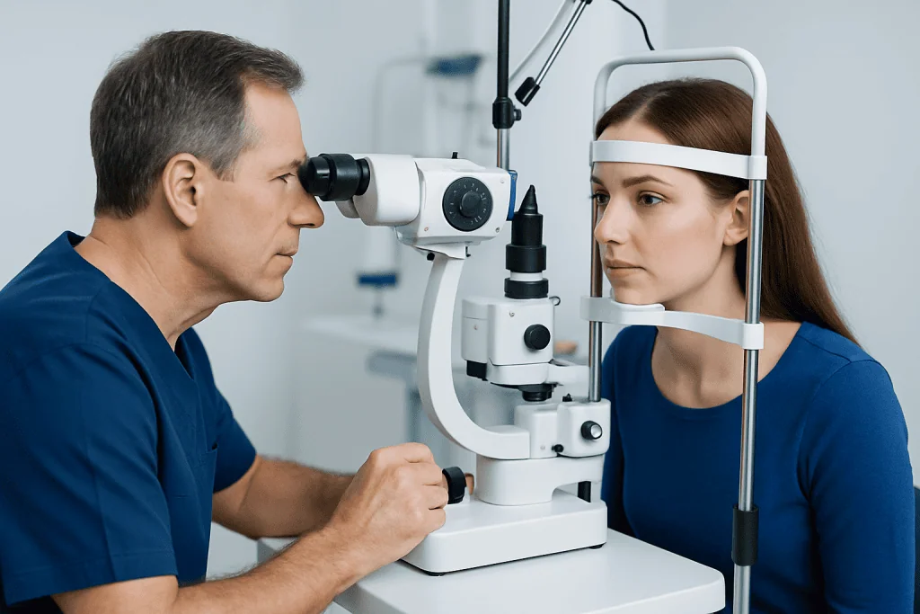 Ophthalmologist examining patient's eye with slit lamp in clinic.