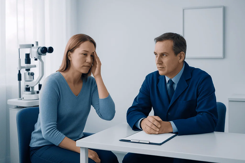 Ocular health consultation with a doctor and patient in a clinical setting.