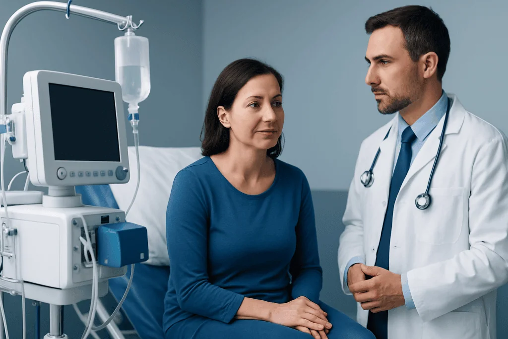 Doctor consulting a patient in a hospital room with medical equipment nearby.