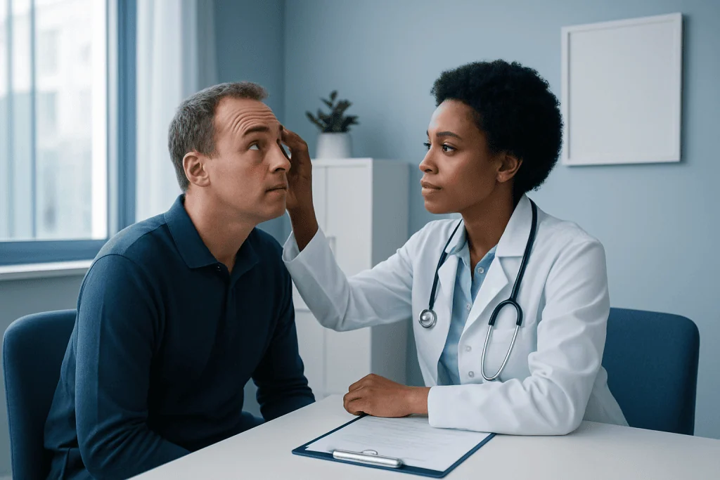 Doctor examining patient's eye in a clinical setting.