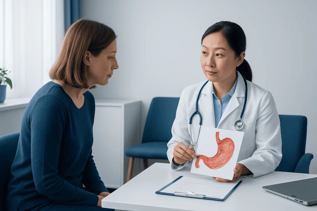 Doctor explaining stomach health to patient in consultation room.