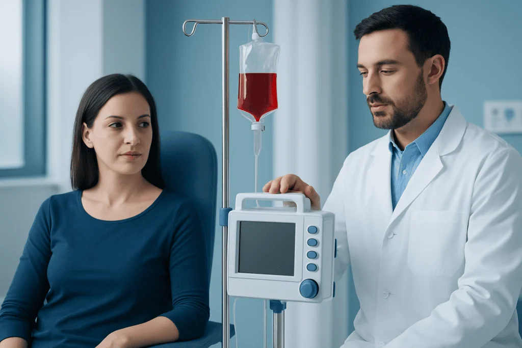 Doctor monitoring blood transfusion in hospital setting.