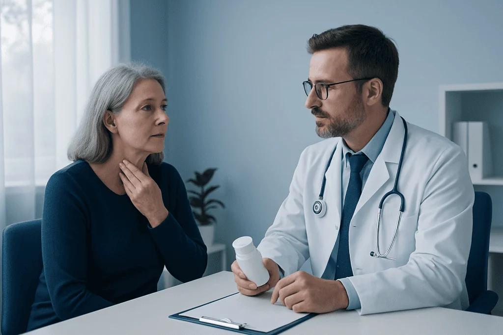 Doctor consulting with an older female patient in a medical office.