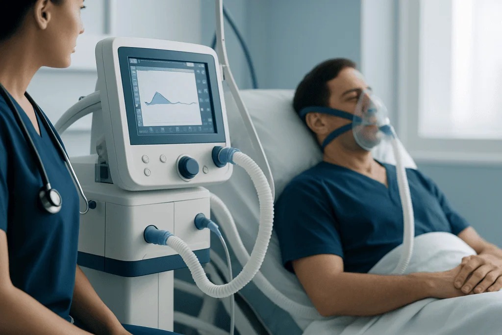 Patient receiving respiratory treatment in hospital with medical staff present.
